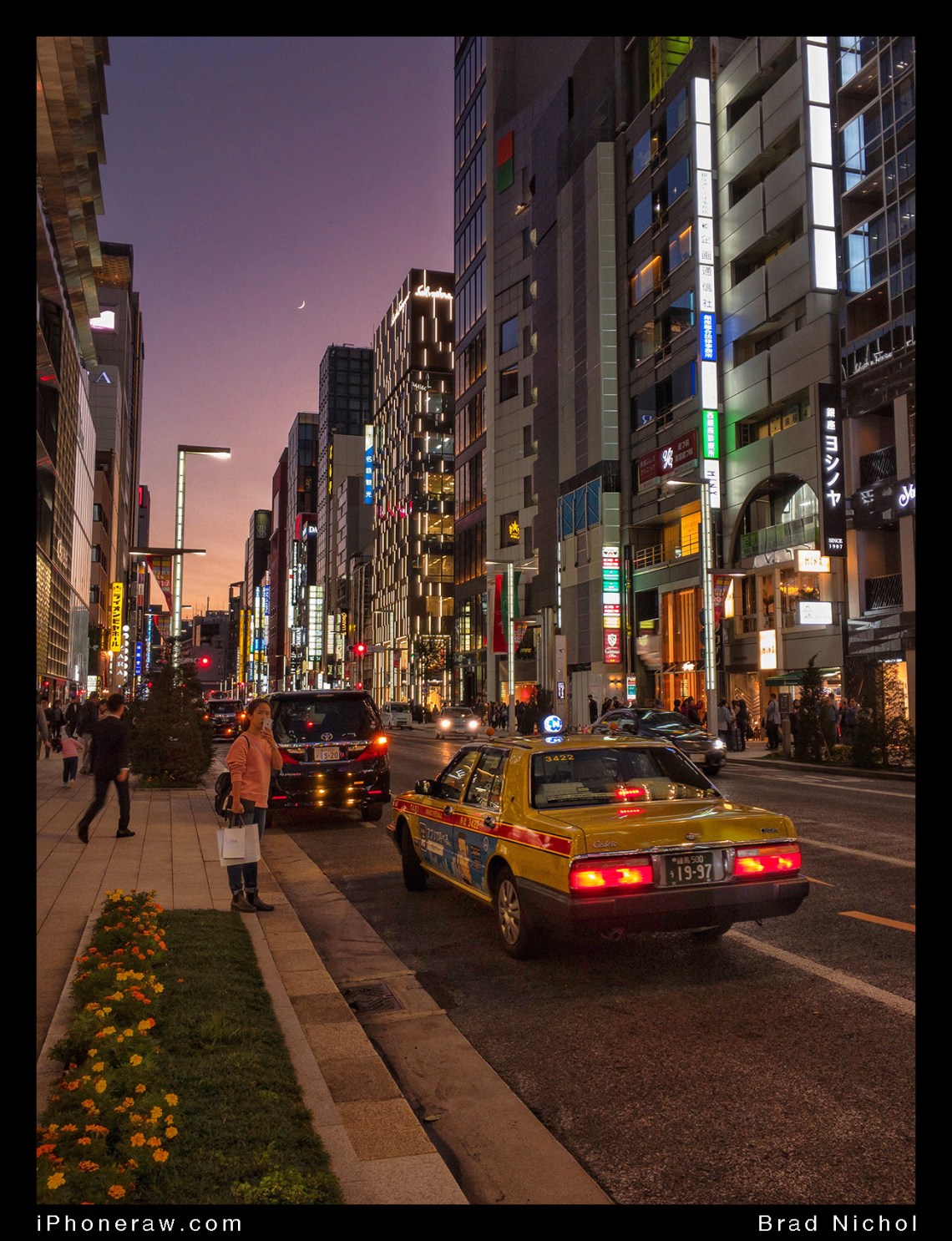 Ginza strip at Dusk, city lights and neon