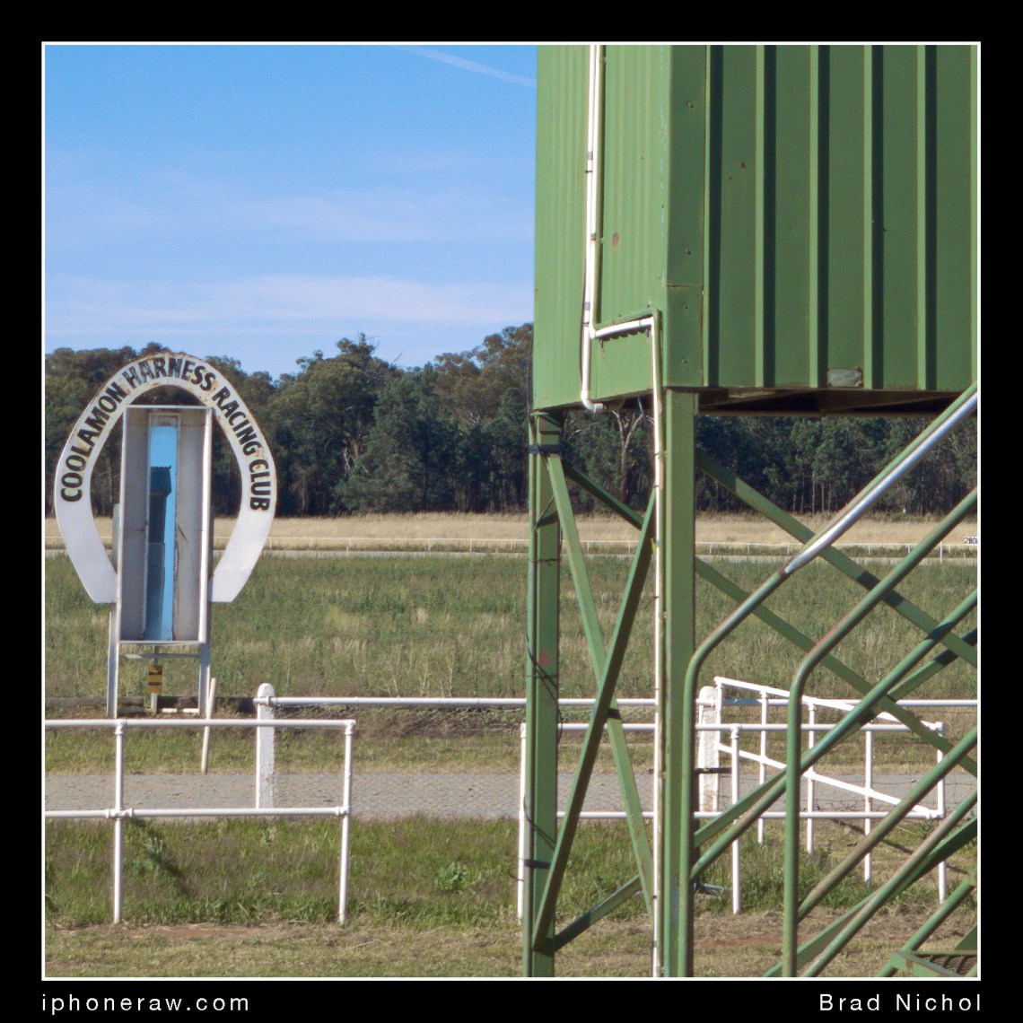 Cropped image of test frame, "Coolamon race Track" showing fine detail and dynamic range under very bright sunlight, iPhone X telephoto lens module, TLC, edited image.