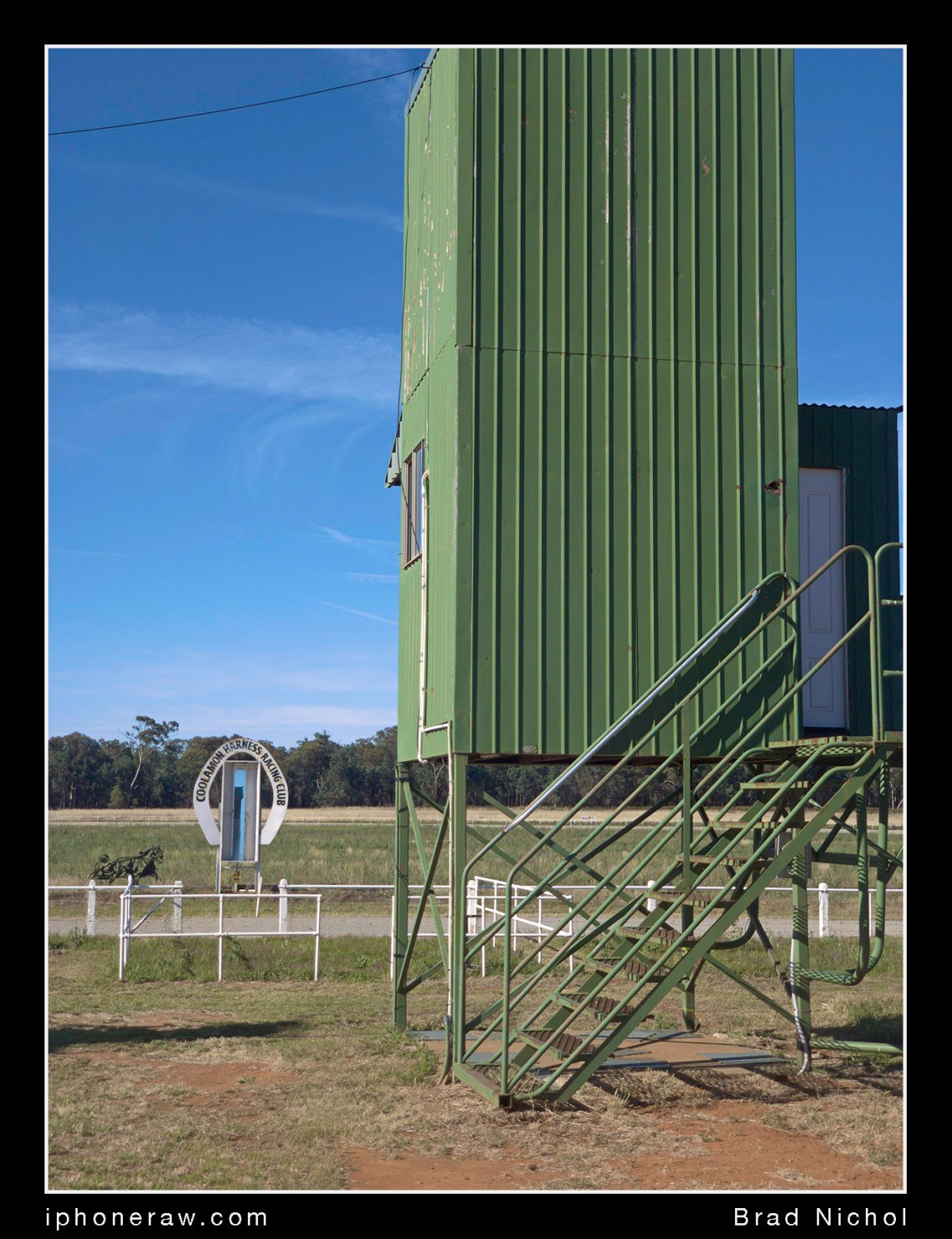Green finish box on country race track, Coolamon NSW, iPhone X telephoto lens.